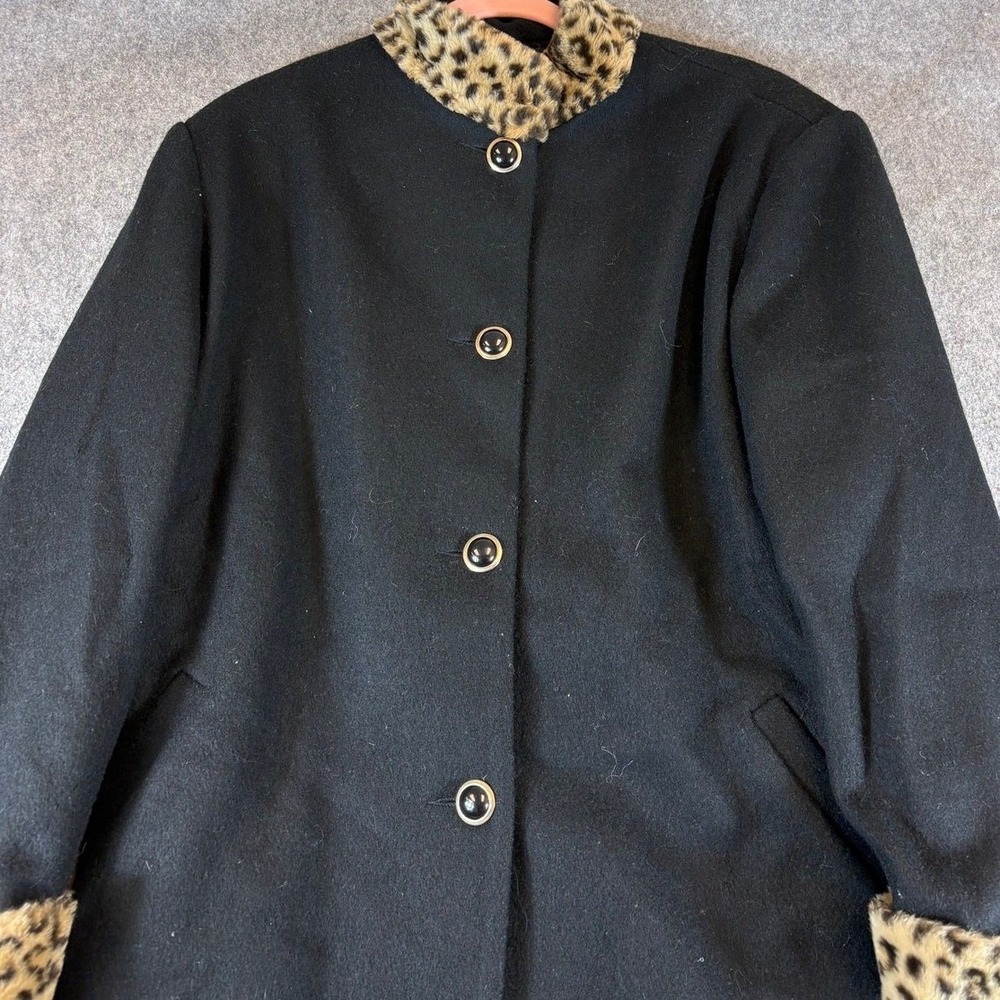 Herman Kay Black Wool Coat Leopard Faux Fur Trim Collar Cuffs Women Medium VTG